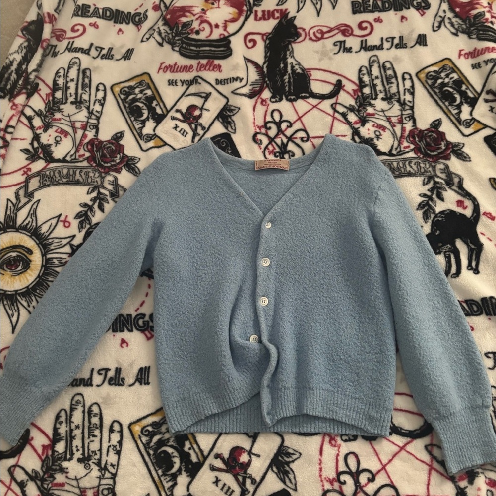 Blue Cropped Cardigan Sweater with Round Neck